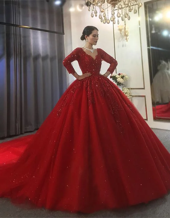 women's party dressesRed Tulle V-neck Long Sleeve Appliques Beading Wedding Dress Ball Gown Y53