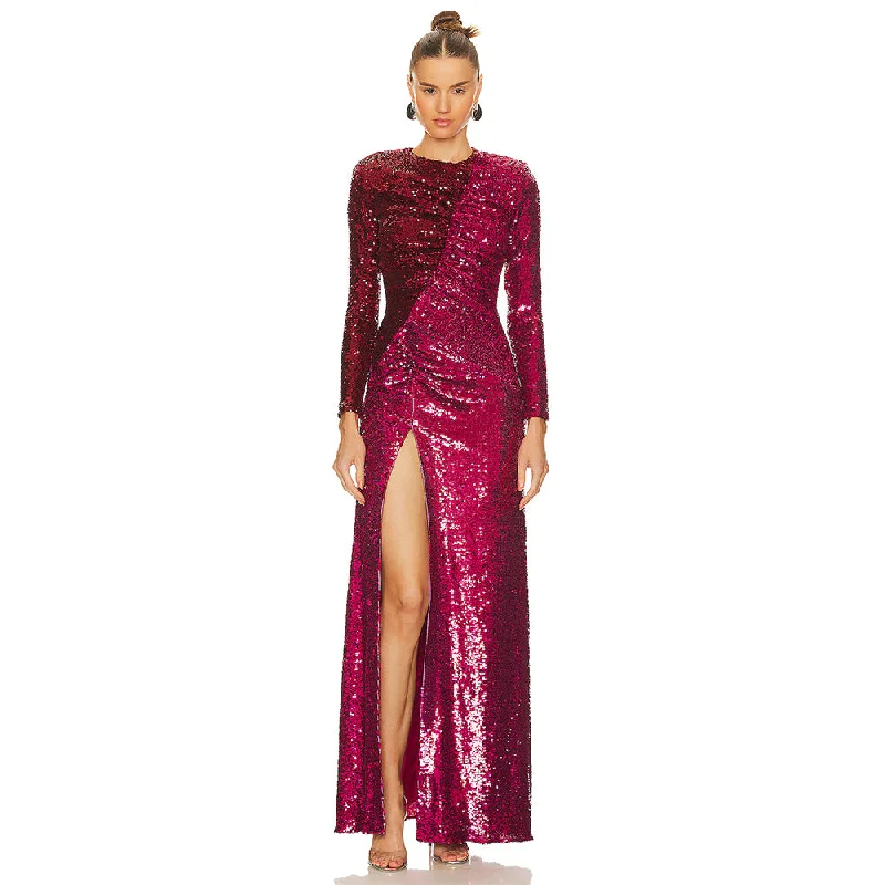 women's pastel dressesRound Neck Long Sleeve Sequins Maxi Dress KLYF1058