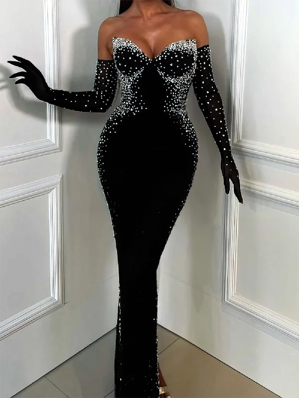 women's glam dressesStrapless Long Sleeve Pearl Maxi Bandage Dress HL10068