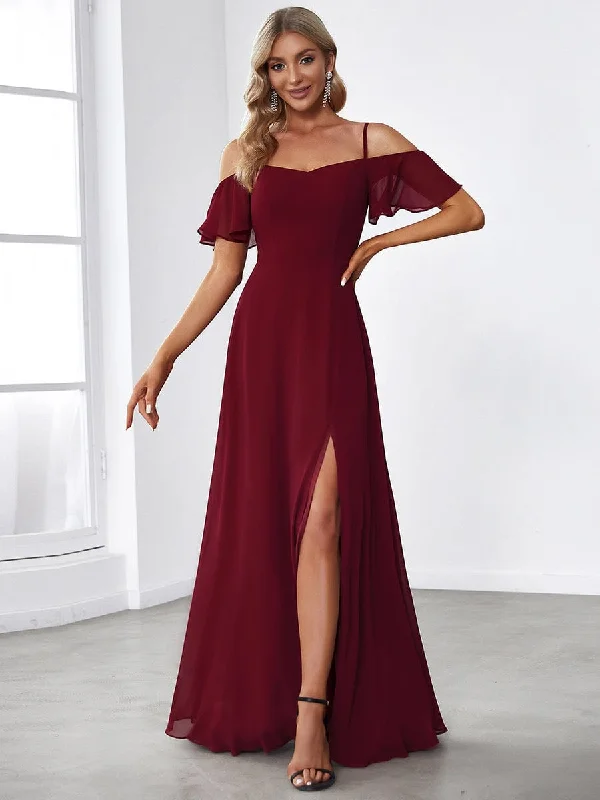 women's mini dressesCold Shoulder High Slit Chiffon Wedding Guest Dress