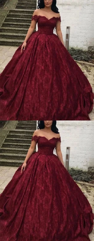 women's bow dressesCharming Burgundy Lace Ball Gown Off Shoulder  Wedding Dresses Y1564