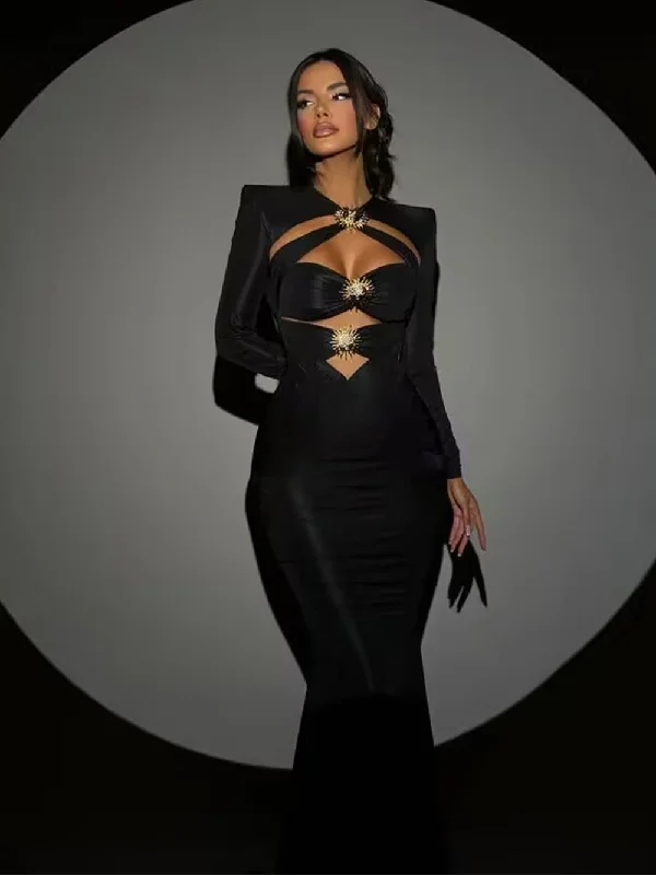 women's body-skimming dressesRound Neck Long Sleeve Fishtail Maxi Bandage Dress HL10015