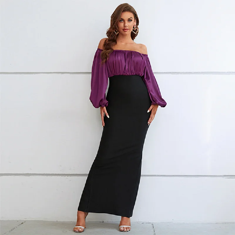 women's glam dressesOff Shoulder Long Sleeve Splicing Maxi Bodycon Dress PZC2248