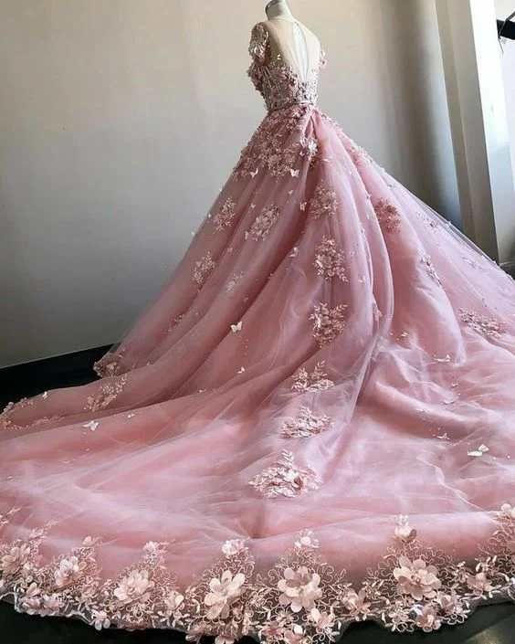 women's cinched-waist dressesPink 3D Flowers With Court Train,Pink Ball Gown  Wedding Dress Bridal Gown Y1406