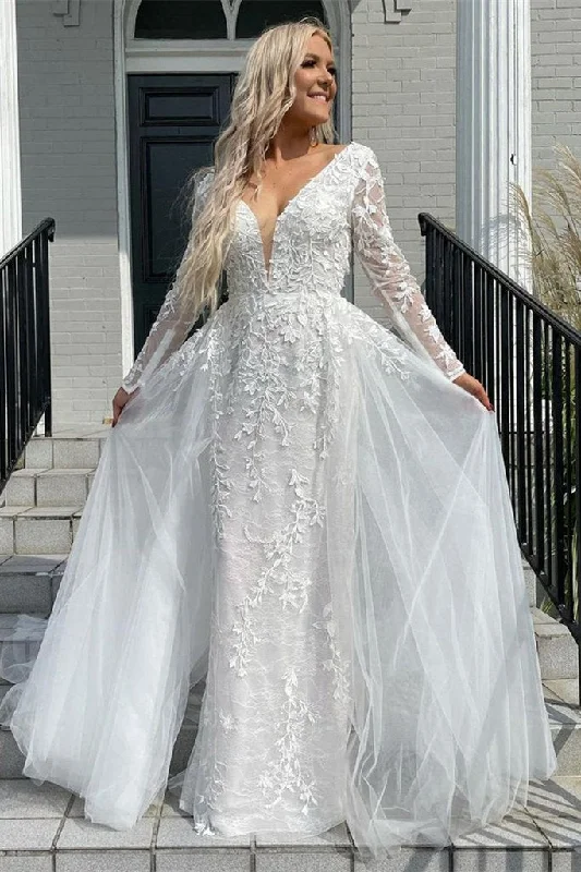 women's cold-shoulder dressesElegant Mermaid Deep V-neck Appliques Ivory Wedding Dress