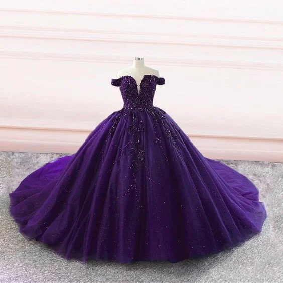 women's fashionable dressesPurple tulle ball gown off the shoulder wedding dresses Y4310