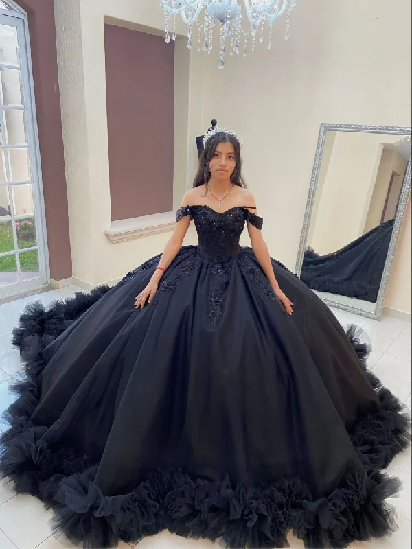 women's floral dressesBall Gown Black Quinceanera Dress Off the Shoulder Wedding Dress Gothic,Y2414