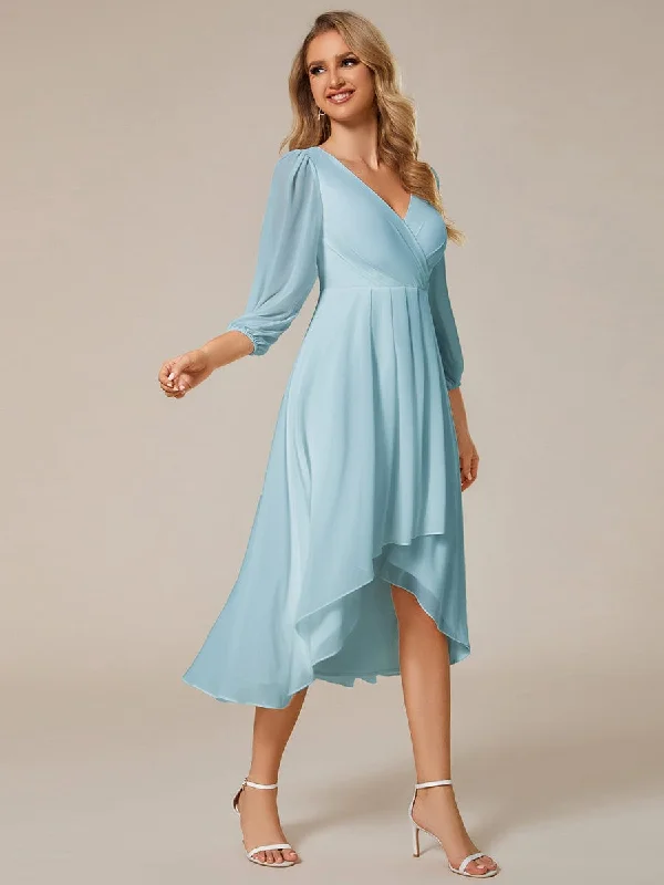 women's shift dressesLaura | See-Through Long Sleeves V-Neck A-Line Chiffon Wedding Guest Dress