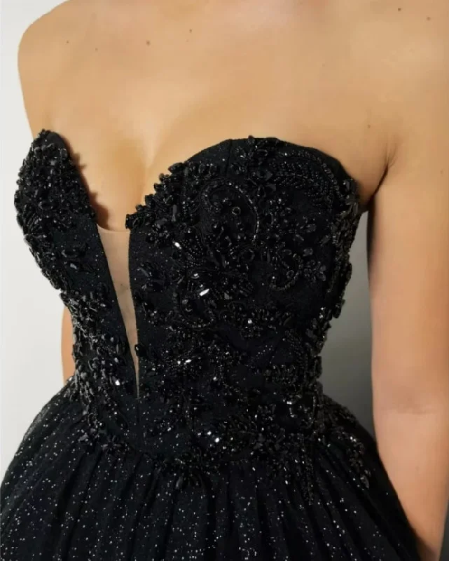 women's sheath dressesBlack Glitter Strapless Wedding Dresses Mesh Fabric A-line Sleeveless vestidos de noche Floor-Length Evening Dresses