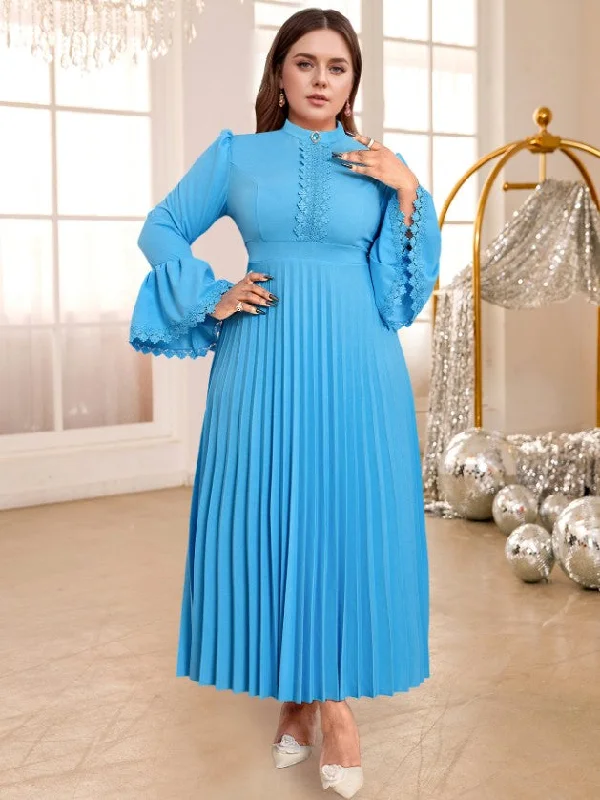 women's club dressesAOMEIDRESS Blue Pleated Maxi Dress Stand Collar Long Flare Sleeves