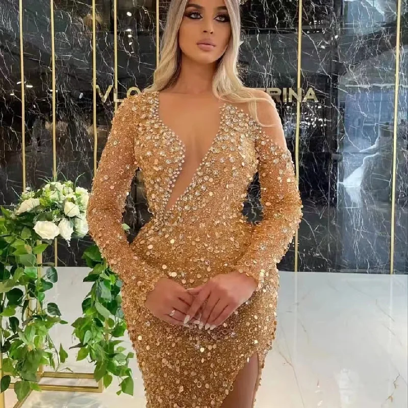 women's breathable dressesED2221 Kimshein Women Clothing Long Sleeve Mesh Hollow Out With Diamond Sequin Gold Dresses Women For Wedding Guest