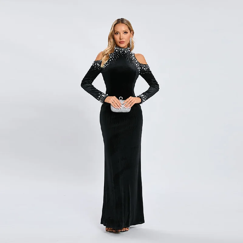 women's vacation dressesHigh Neck Long Sleeve Elegant Maxi Dress KLYF1364