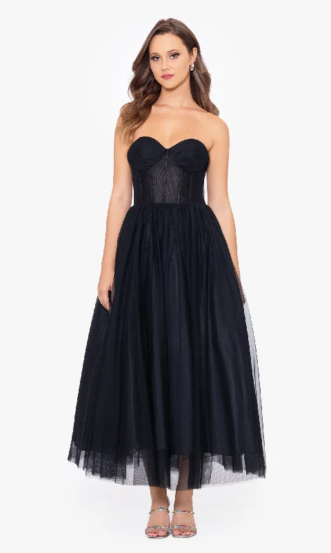 women's sleeveless dressesBlack Strapless Tea Length Wedding-Guest Dress