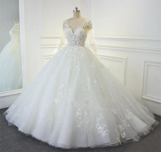 women's club dressesV-Neck White Organza Ball Gown Wedding Dresses Long Sleeve Bridal Dress S27009