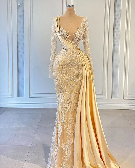 women's tall dressesElegant Hot Yellow Applique Long Sleeves Wedding Dresses Women Formal Pageant Dress Y899