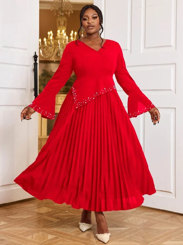 women's hourglass figure dressesAOMEIDRESS Beading Pleated A Line Dress V Neck Long Flare Sleeve Maxi