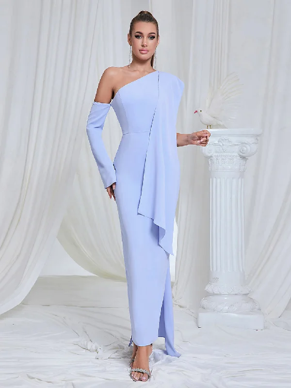 women's boho dressesOne Shoulder Long Sleeve Asymmetrical Maxi Bodycon Dress HB10148