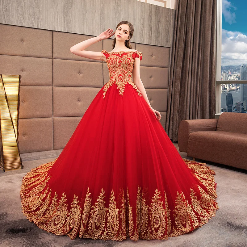 women's lightweight dressesAppliqued Gold Lace Off Shoulder Ball gown wedding Evening pattern Red Muslim Asian European American Traditional dress