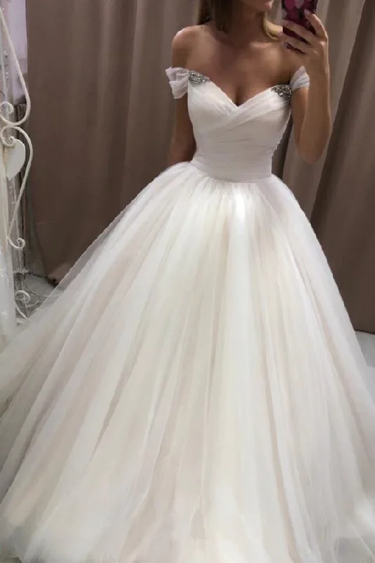 women's curve-hugging dressesOff The Shoulder Tulle Sweetheart White Wedding Dresses Bridal Gown Y863