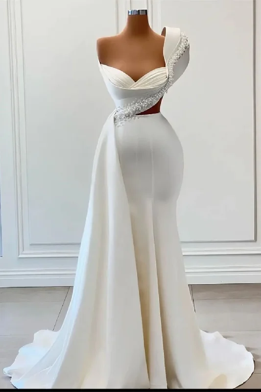 women's bell-sleeved dressesFabulous One-Shoulder Sweetheart Sleeveless Wedding Dresses With Beads Y1761