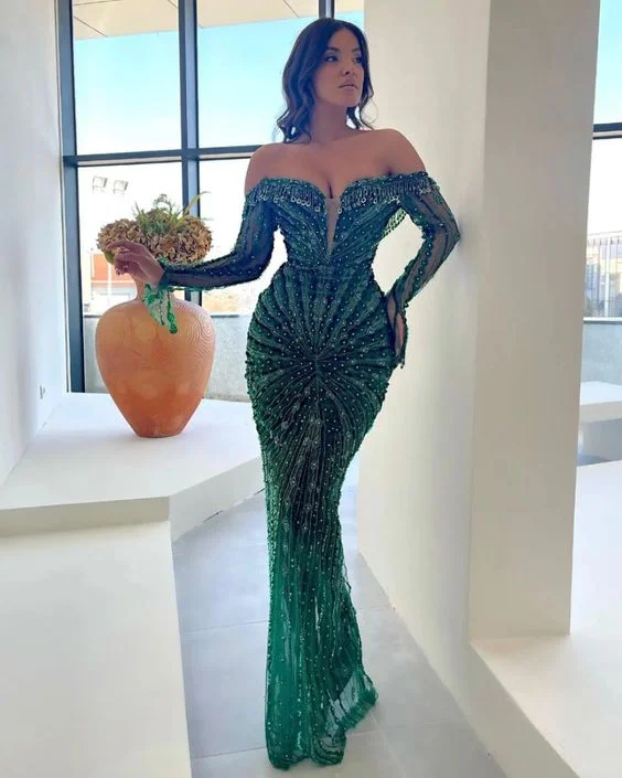 women's vacation dressesElegant Green Wedding Dresses Luxurious Beaded Reception Dress Y28