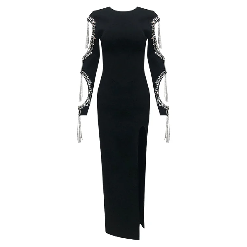 women's luxury dressesRound Neck Long Sleeve Tassels Maxi Bandage Dress HL10025