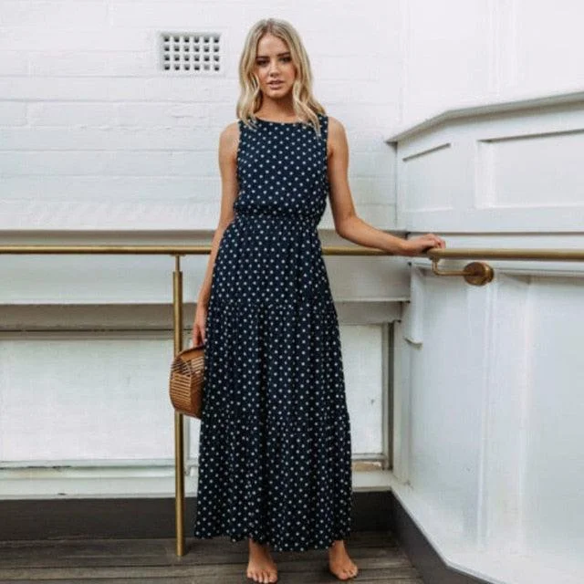 women's cold-shoulder dressesSleeveless Polka Dots Maxi Dress