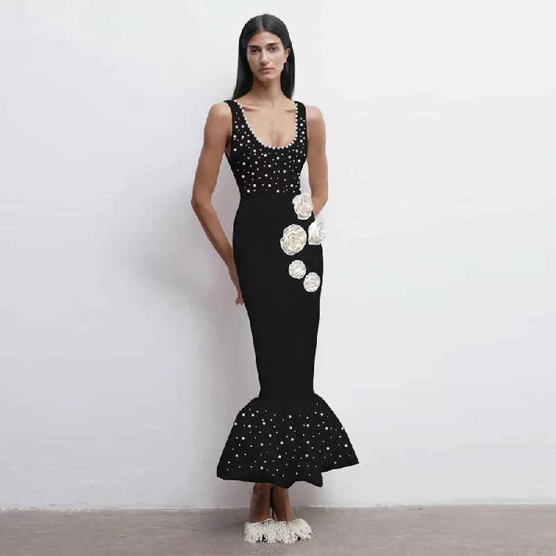 women's bespoke dressesRound Neck Sleeveless Fishtail Maxi Bandage Dress HL9848