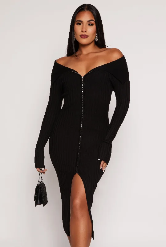 women's stretchy dressesAlmost Famous Zip Off the Shoulder Sweater Dress