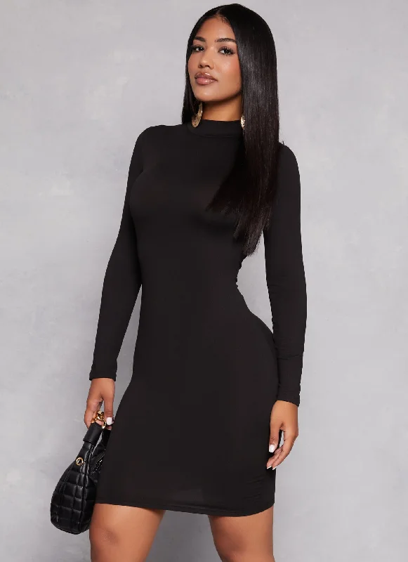 women's bow dressesBasic Mock Neck Long Sleeve Dress