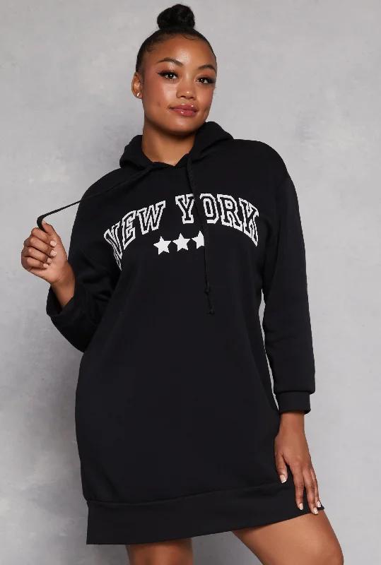 women's denim dressesPlus Size New York Hooded Sweatshirt Dress