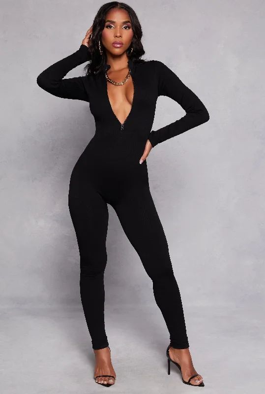 women's cold-shoulder dressesRibbed Knit Half Zip Long Sleeve Catsuit