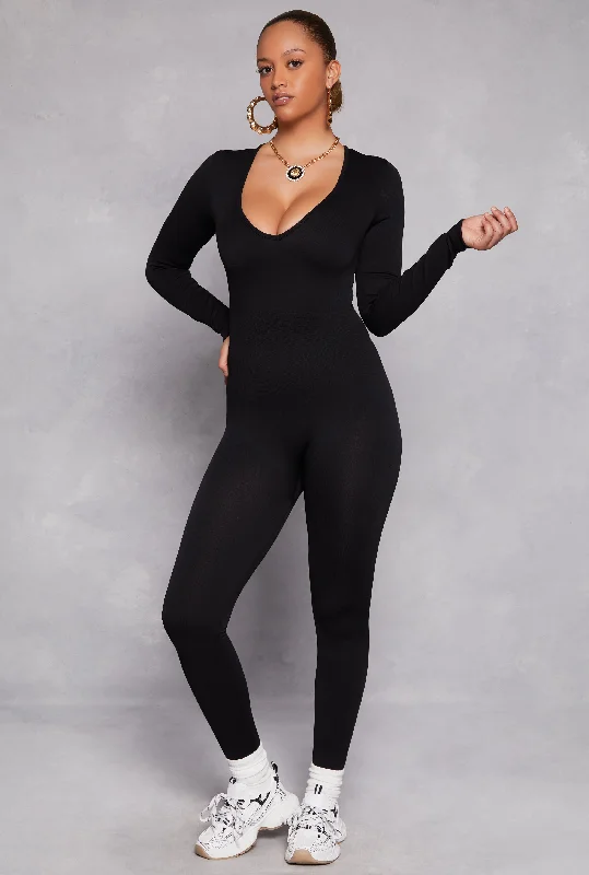 women's flowy dressesSeamless Rib Knit Plunge Long Sleeve Catsuit