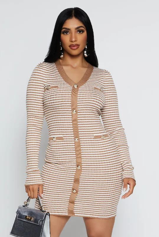 women's bow dressesStriped Ribbed Knit Button Detail Dress