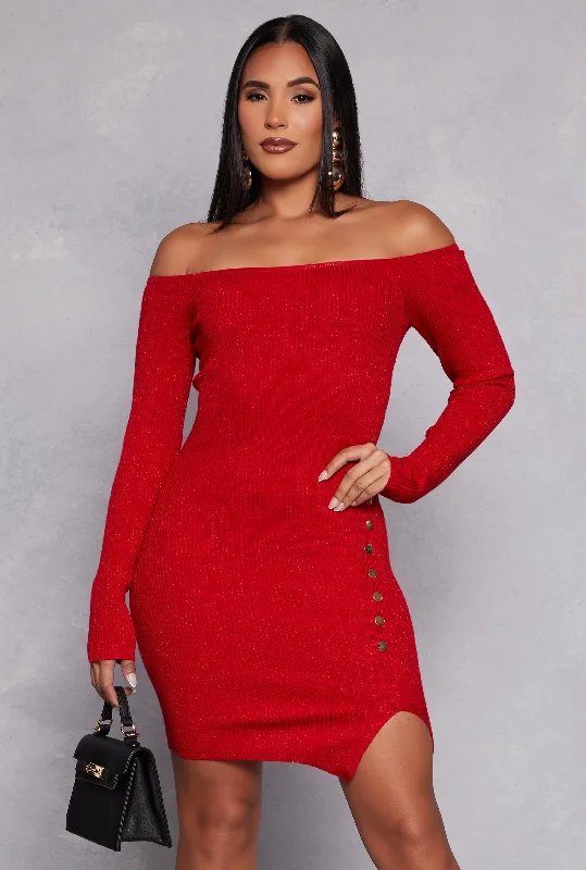 women's formal dressesFaux Button Detail Off the Shoulder Dress