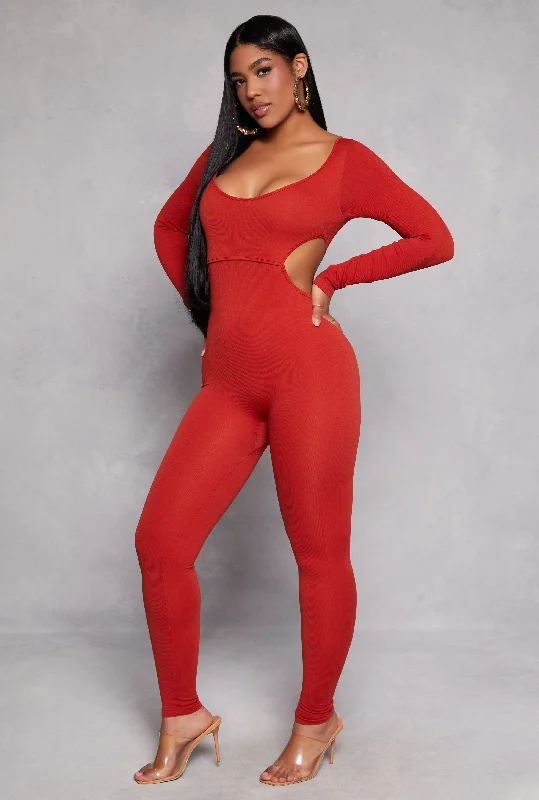 women's cotton dressesRibbed Knit Cut Out Side Catsuit