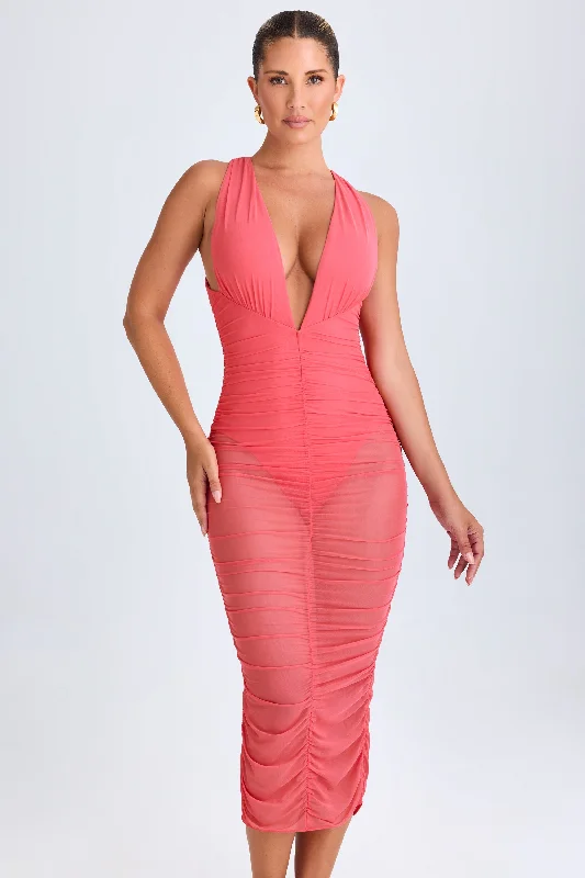 women's trendy dressesRuched Plunge Midaxi Dress in Coral