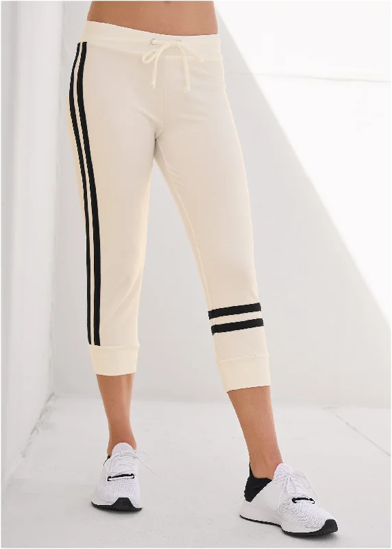 women's long-sleeved dressesStripe Detail Lounge Capris - White & Black