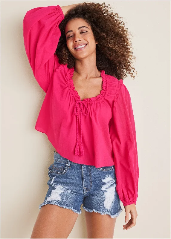 women's affordable dressesTassel Long Sleeve Top - Dark Pink