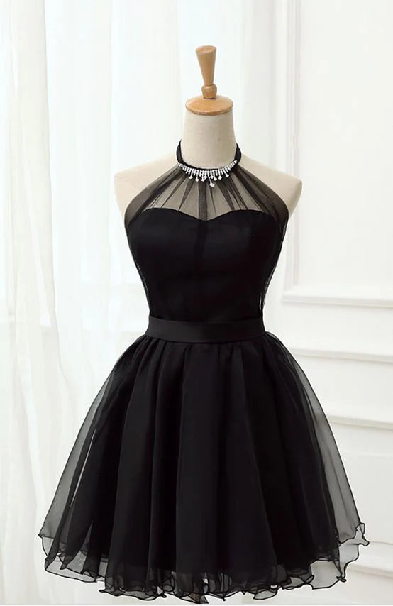 women's solid color dressesHalter Black Tulle Short Prom Dress