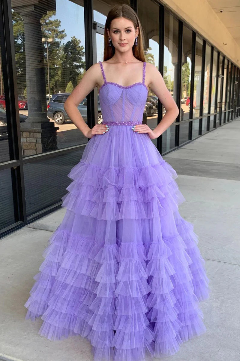 women's striped dressesLilac Sweetheart Ruffle Tulle A-Line Long Prom Dresses with Beading