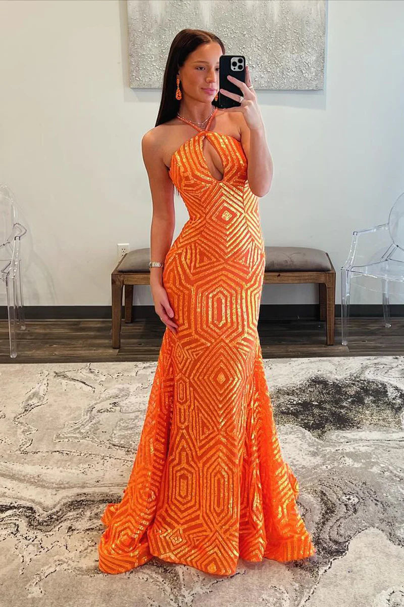 women's sheath dressesMermaid Halter Keyhole Orange Sequins Long Prom Dresses