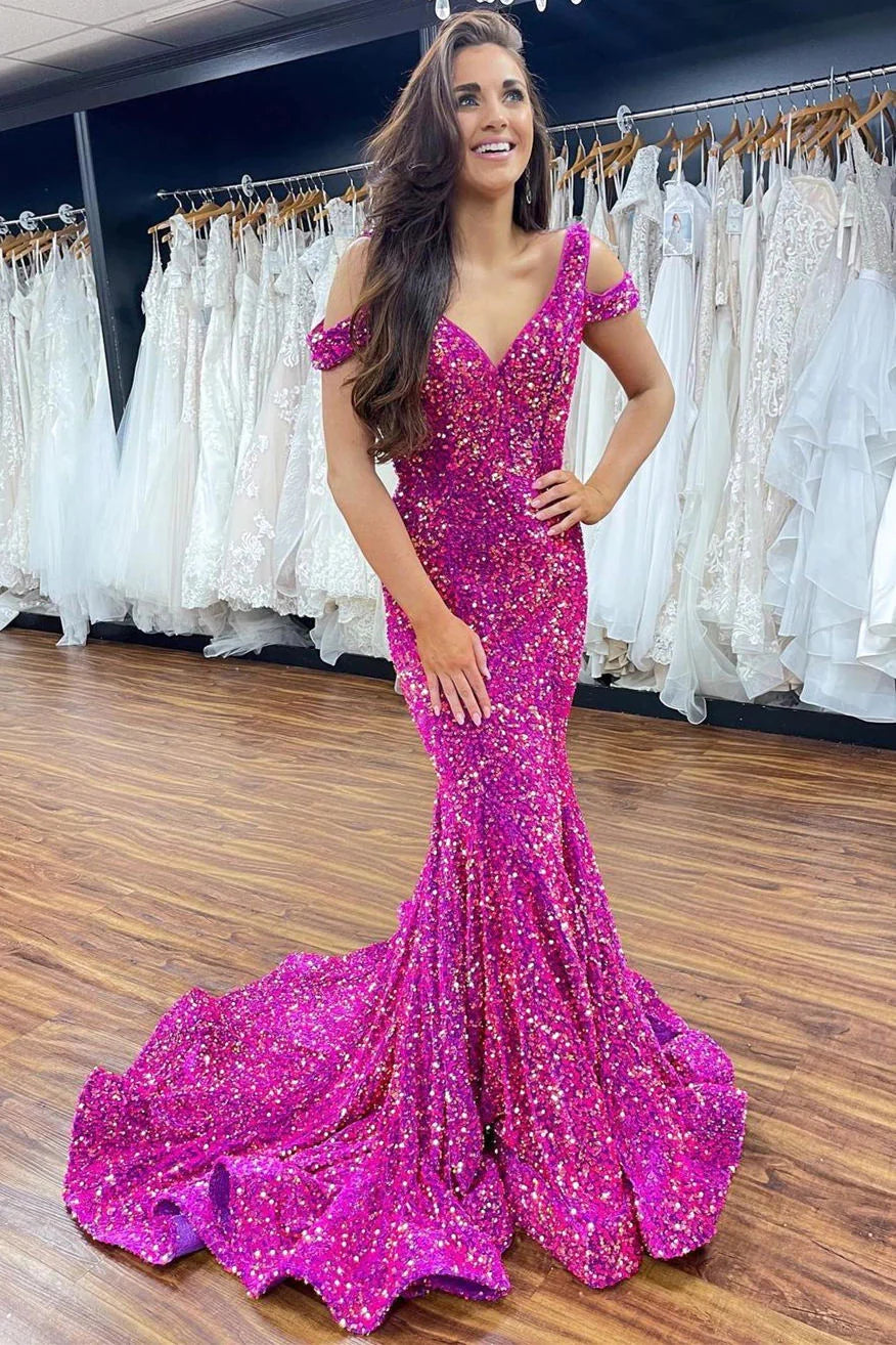 women's satin dressesMermaid Off-the-Shoulder Fuchsia Sequins Long Prom Dress