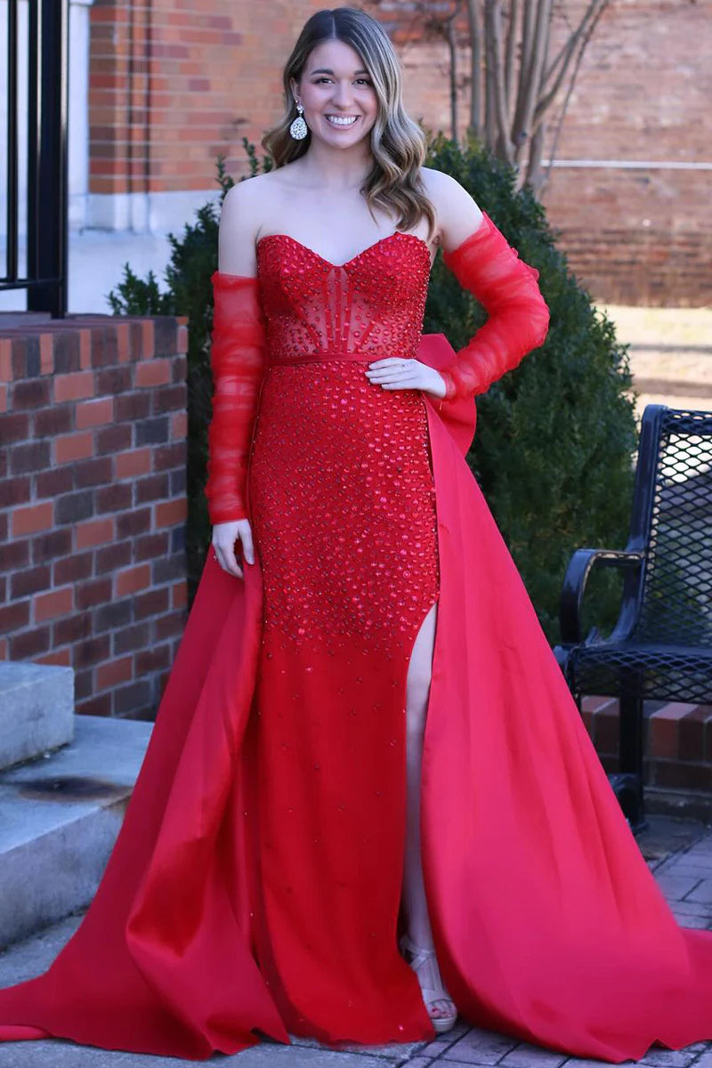 women's A-line dressesMermaid Strapless Red Beaded Long Prom Dresses with Bow