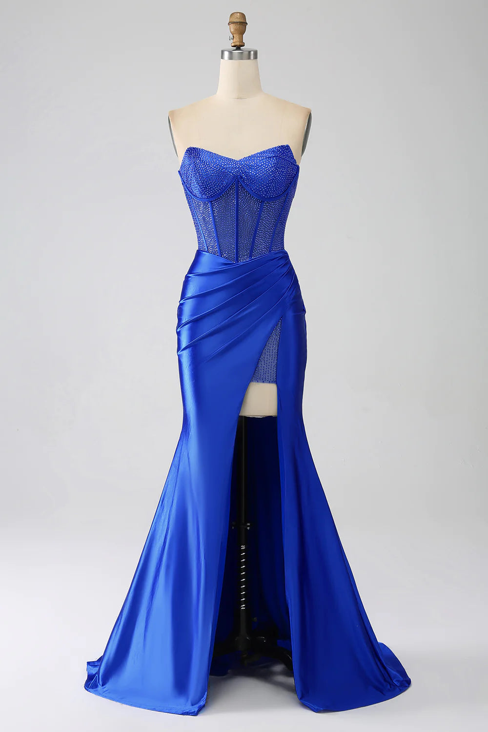 women's bridesmaid dressesMermaid Strapless Royal Blue Corset Prom Dress with Beading