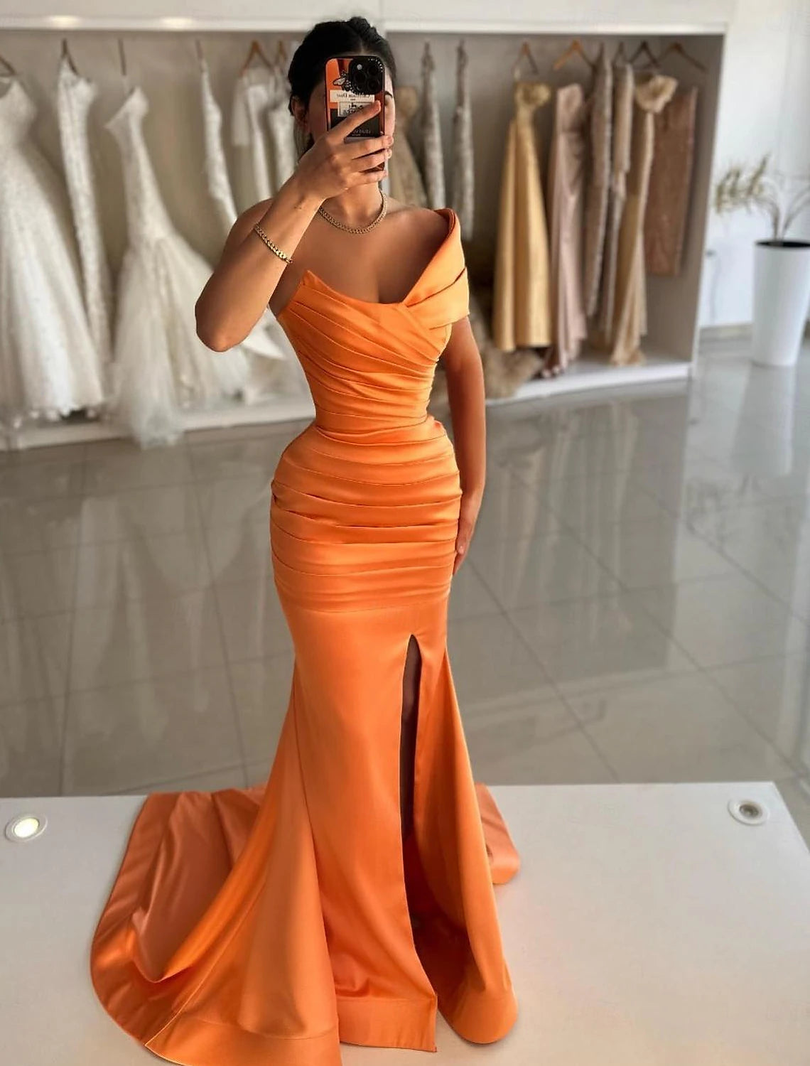 women's neon dressesMermaid / Trumpet Prom Dresses Elegant Dress Formal Prom Floor Length Sleeveless Off Shoulder Satin with Ruched Slit