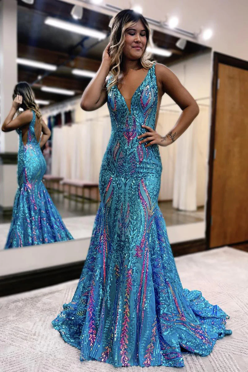 women's cotton dressesMermaid V Neck Blue Sequin Lace Long Prom Dresses