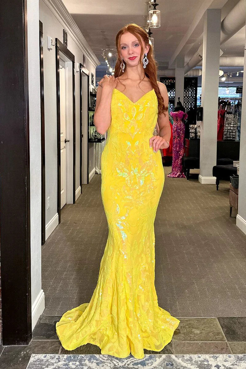 women's shift dressesMermaid V Neck Yellow Sequins Lace Backless Long Prom Dresses